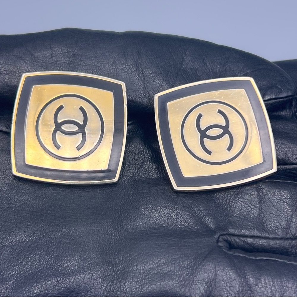 Vintage Gold Tone & Black Square Logo Clip On Earrings See Photos For Size